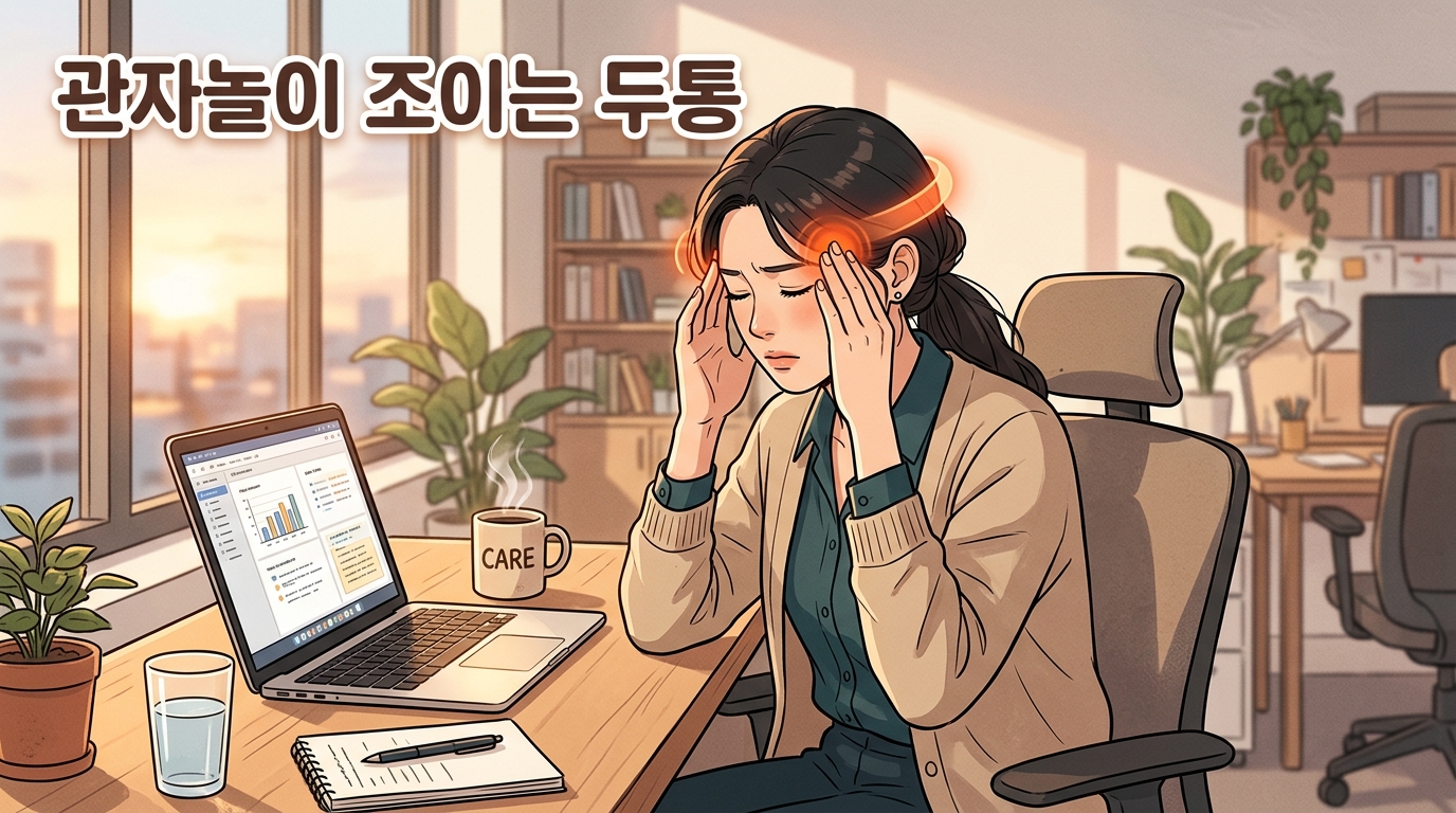 안경 오래 쓴 자리처럼 관자놀이가 조여올 때, 뒷목부터 올라오는 그 두통