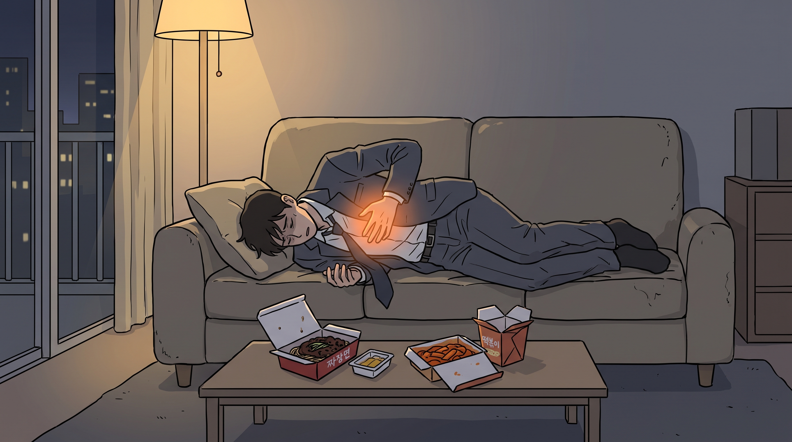 하루 종일 굶다가 밤에 몰아 먹고, 그대로 소파에 눕는 그 습관