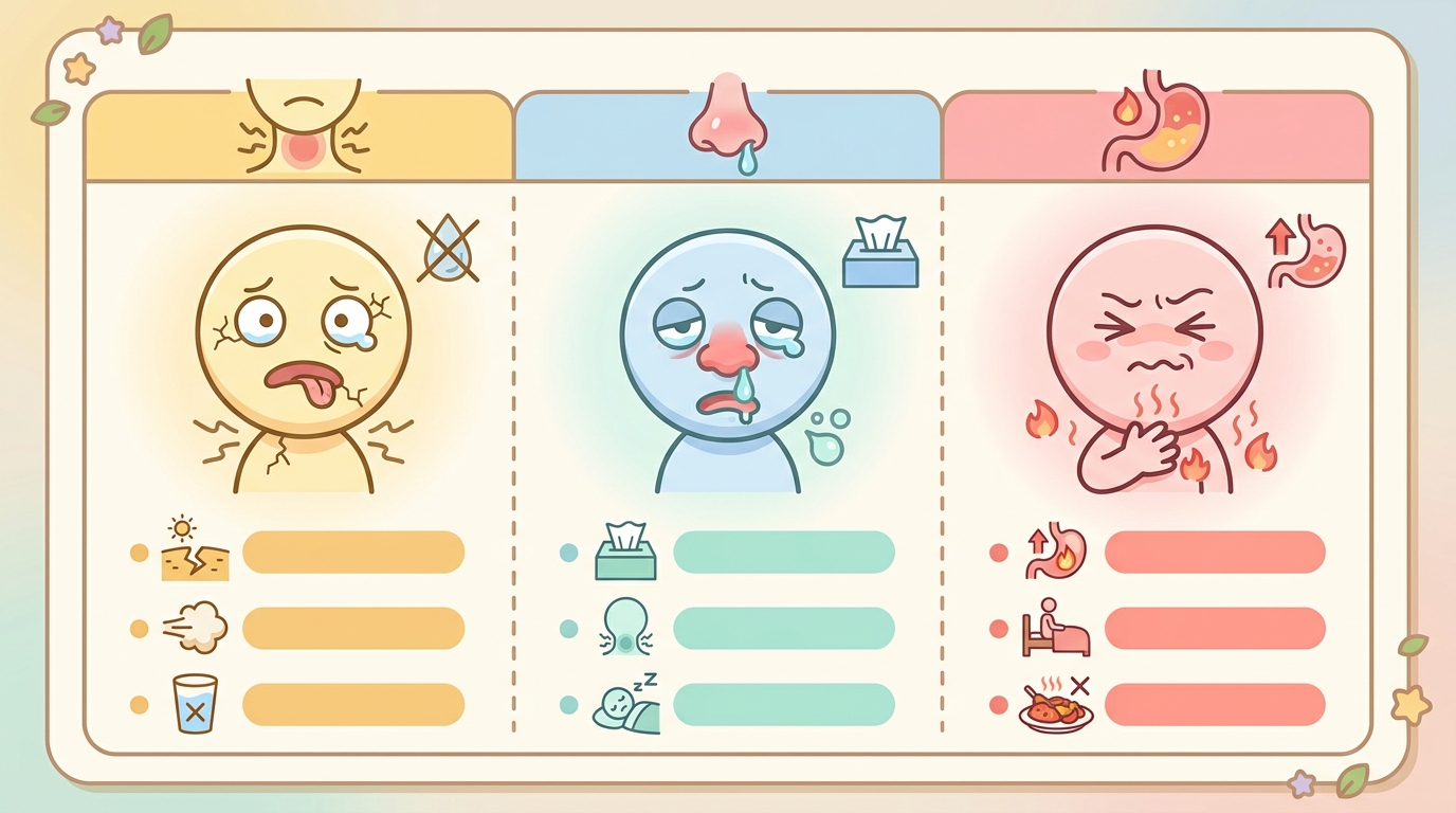 동두천 만성기침 일동대영한의원 - 내 목은 어느 유형에 가까울까 — 세 유형 비교표