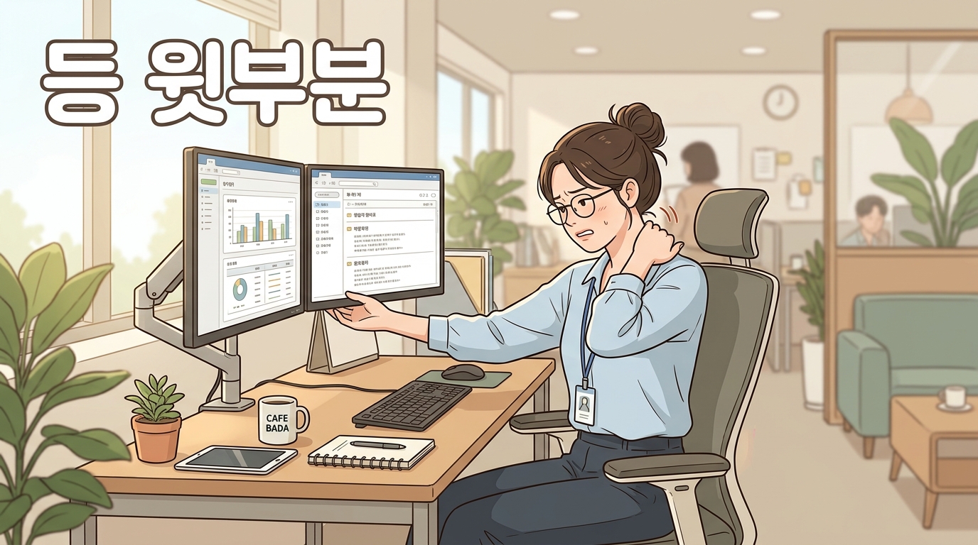 의정부 등 윗부분 통증 포천일동대영한의원 의정부 등 윗부분 통증 포천일동대영한의원 - 의정부 사무직, 모니터 높이 바꾼 뒤 등 윗부분이 뻐근하다면