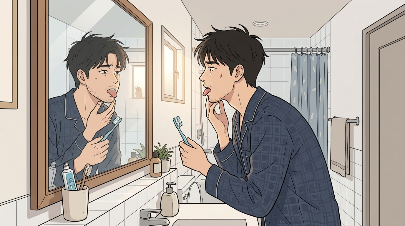 일동 야식 다음 날 백태 일동 야식 다음 날 백태 - 치킨에 맥주로 늦게 마무리한 다음 날, 거울 속 혀가 뿌옇다